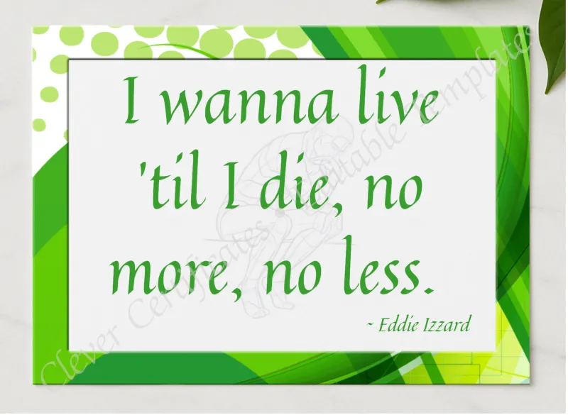 Eddie Izzard On Life Quotation presented in a sleek wooden frame, elegantly arranged on a stylish table.