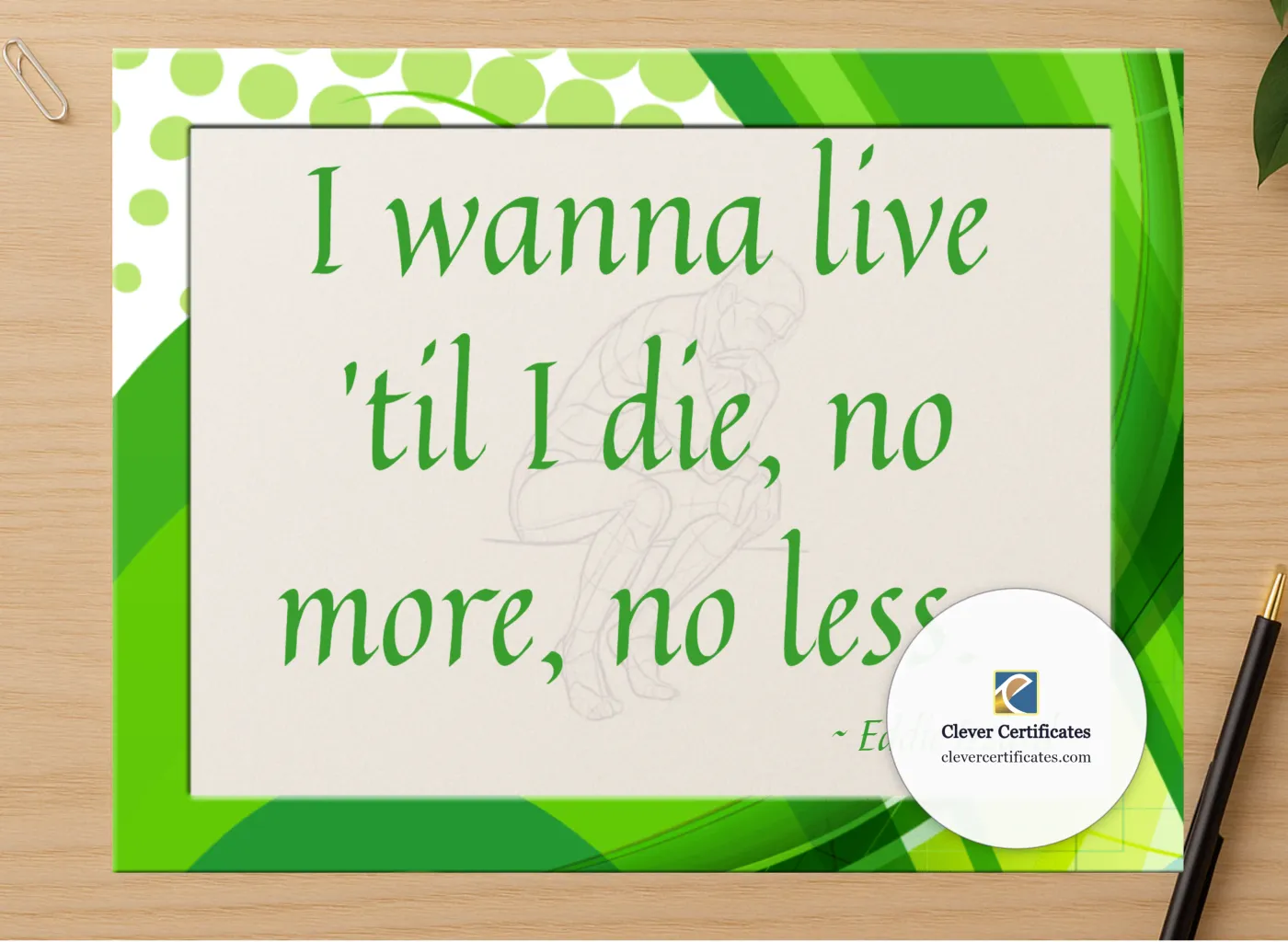 Professional preview of Eddie Izzard On Life Quotation certificate on high-quality stationery paper, ideal for showcasing the final look.