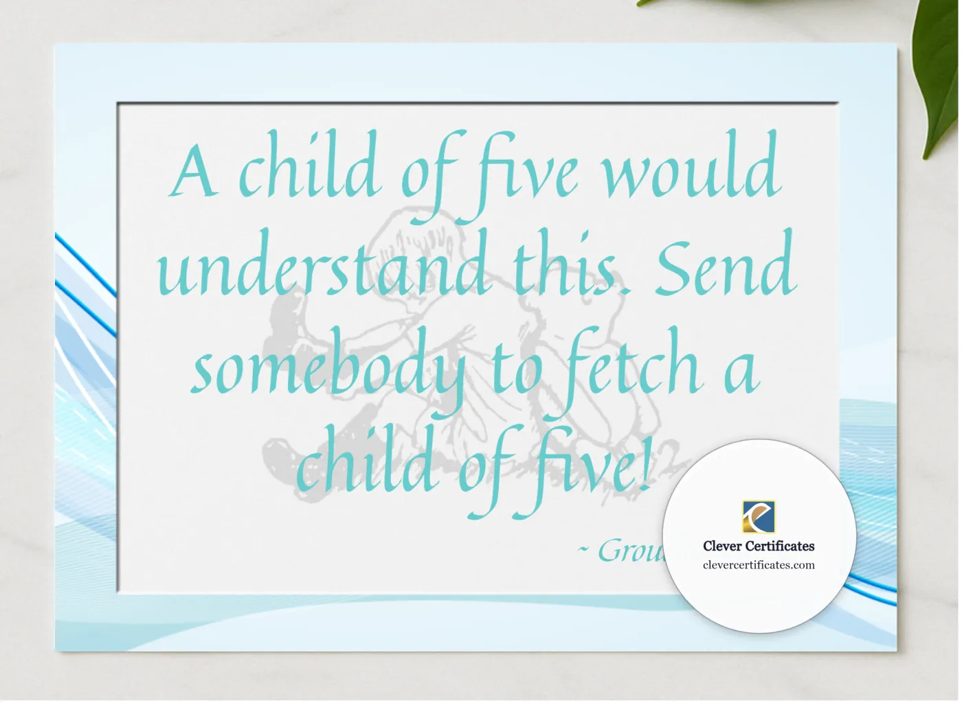 Groucho Marx Quotation presented in a sleek wooden frame, elegantly arranged on a stylish table.