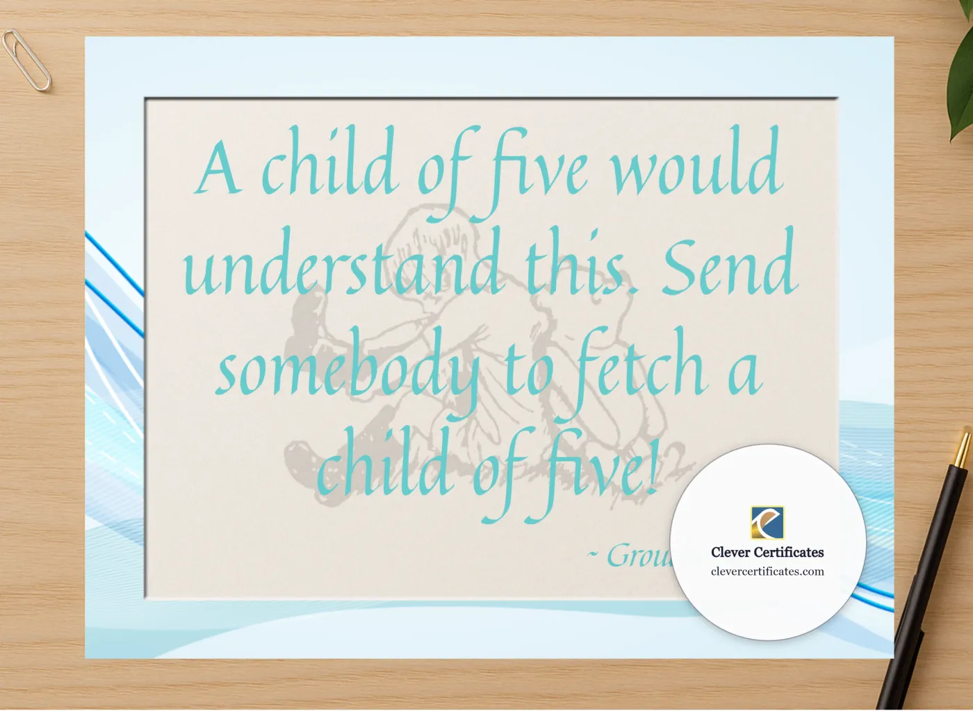 Professional preview of Groucho Marx Quotation certificate on high-quality stationery paper, ideal for showcasing the final look.