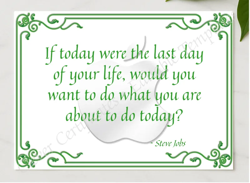 Steve Jobs Quotation presented in a sleek wooden frame, elegantly arranged on a stylish table.