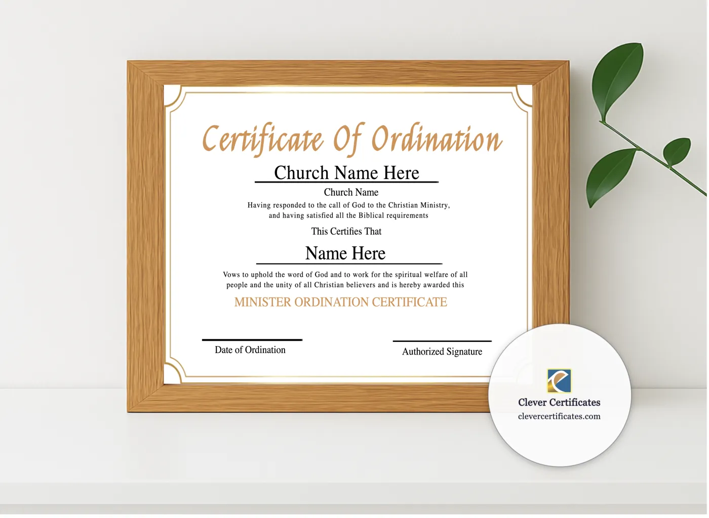 Realistic mockup featuring Editable Ordination Certificate displayed within a modern frame, set against a minimalistic background.