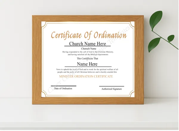 Realistic mockup featuring Editable Ordination Certificate displayed within a modern frame, set against a minimalistic background.