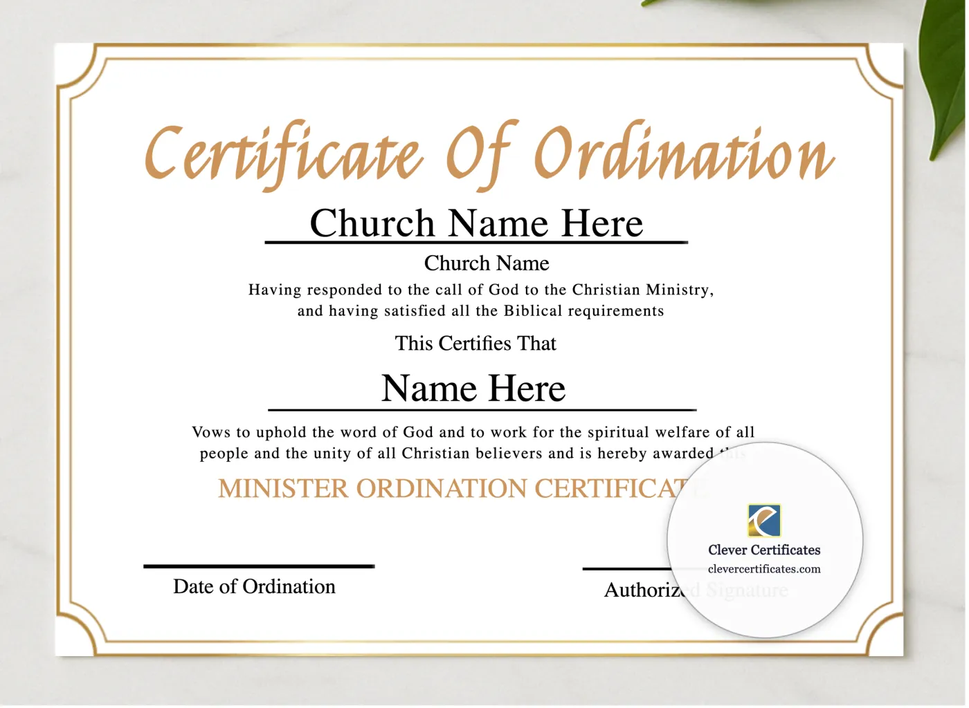 Editable Ordination Certificate presented in a sleek wooden frame, elegantly arranged on a stylish table.