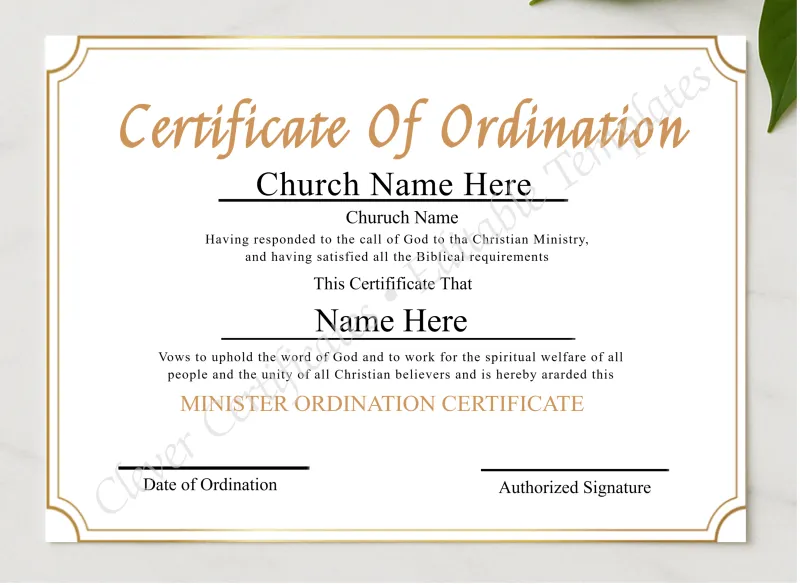 Editable Ordination Certificate presented in a sleek wooden frame, elegantly arranged on a stylish table.