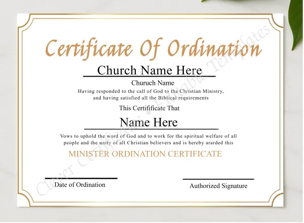 Editable Ordination Certificate presented in a sleek wooden frame, elegantly arranged on a stylish table.