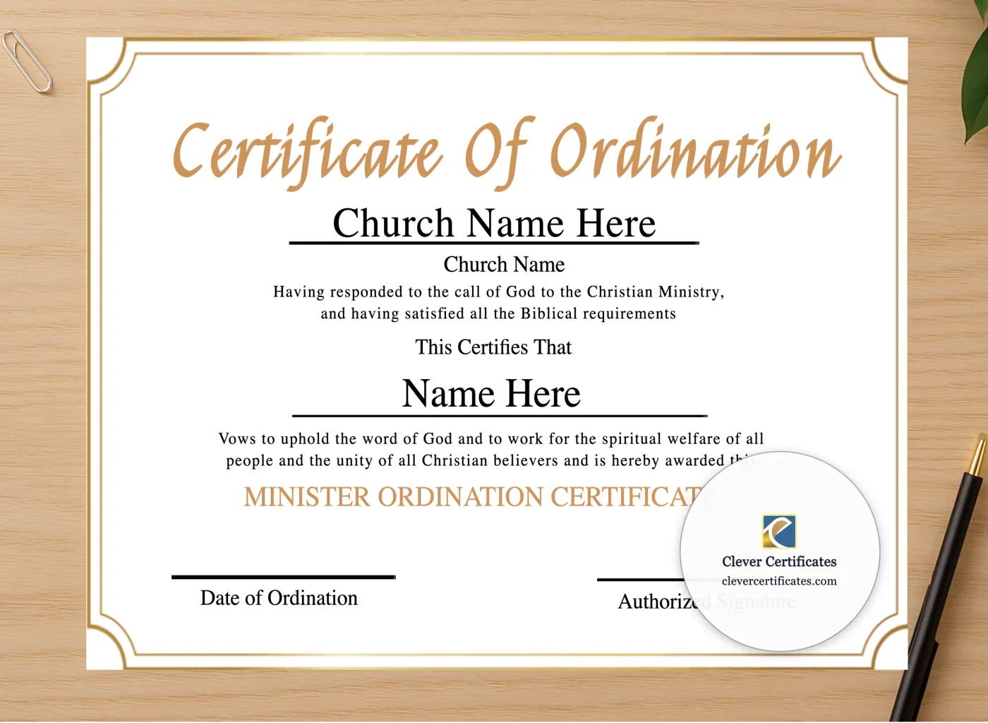 Professional preview of Editable Ordination Certificate certificate on high-quality stationery paper, ideal for showcasing the final look.