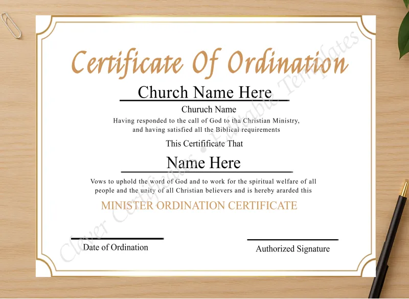Professional preview of Editable Ordination Certificate certificate on high-quality stationery paper, ideal for showcasing the final look.