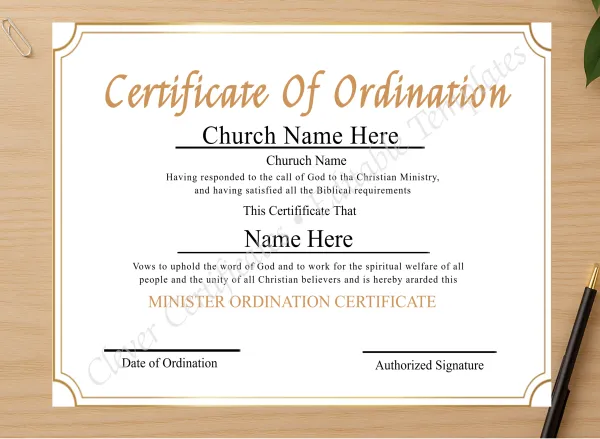 Professional preview of Editable Ordination Certificate certificate on high-quality stationery paper, ideal for showcasing the final look.