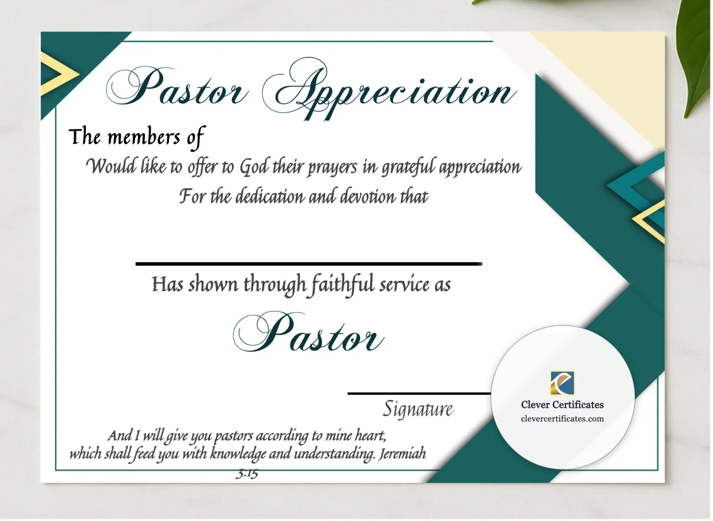 Printable Ordination Certificate presented in a sleek wooden frame, elegantly arranged on a stylish table.