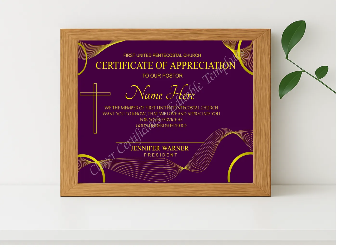Realistic mockup featuring Customizeable Ordination Cetificate displayed within a modern frame, set against a minimalistic background.