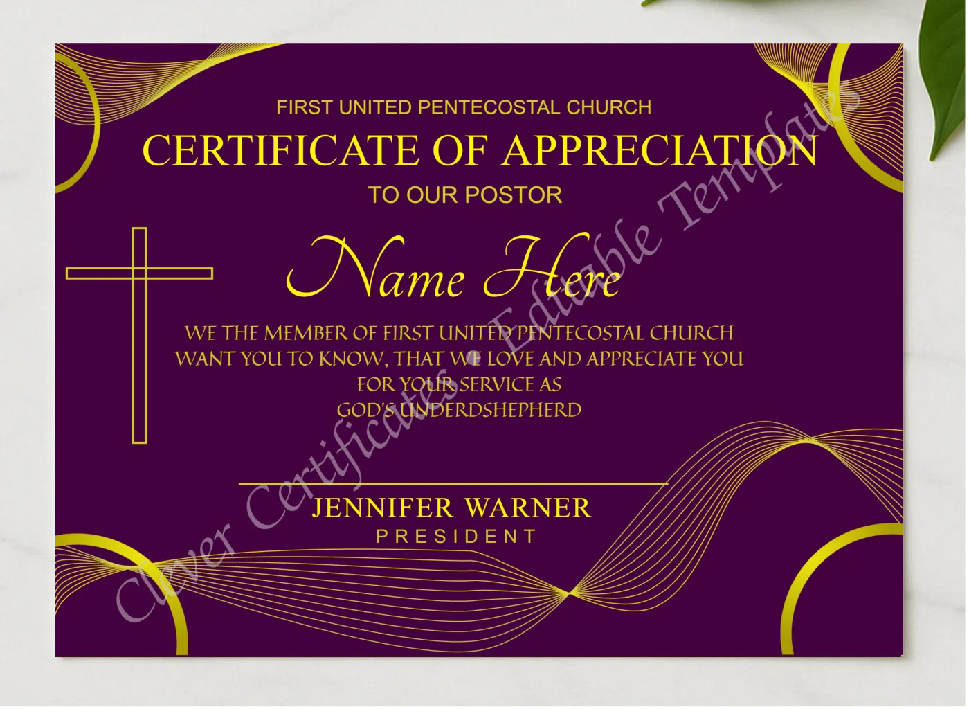 Customizeable Ordination Cetificate presented in a sleek wooden frame, elegantly arranged on a stylish table.
