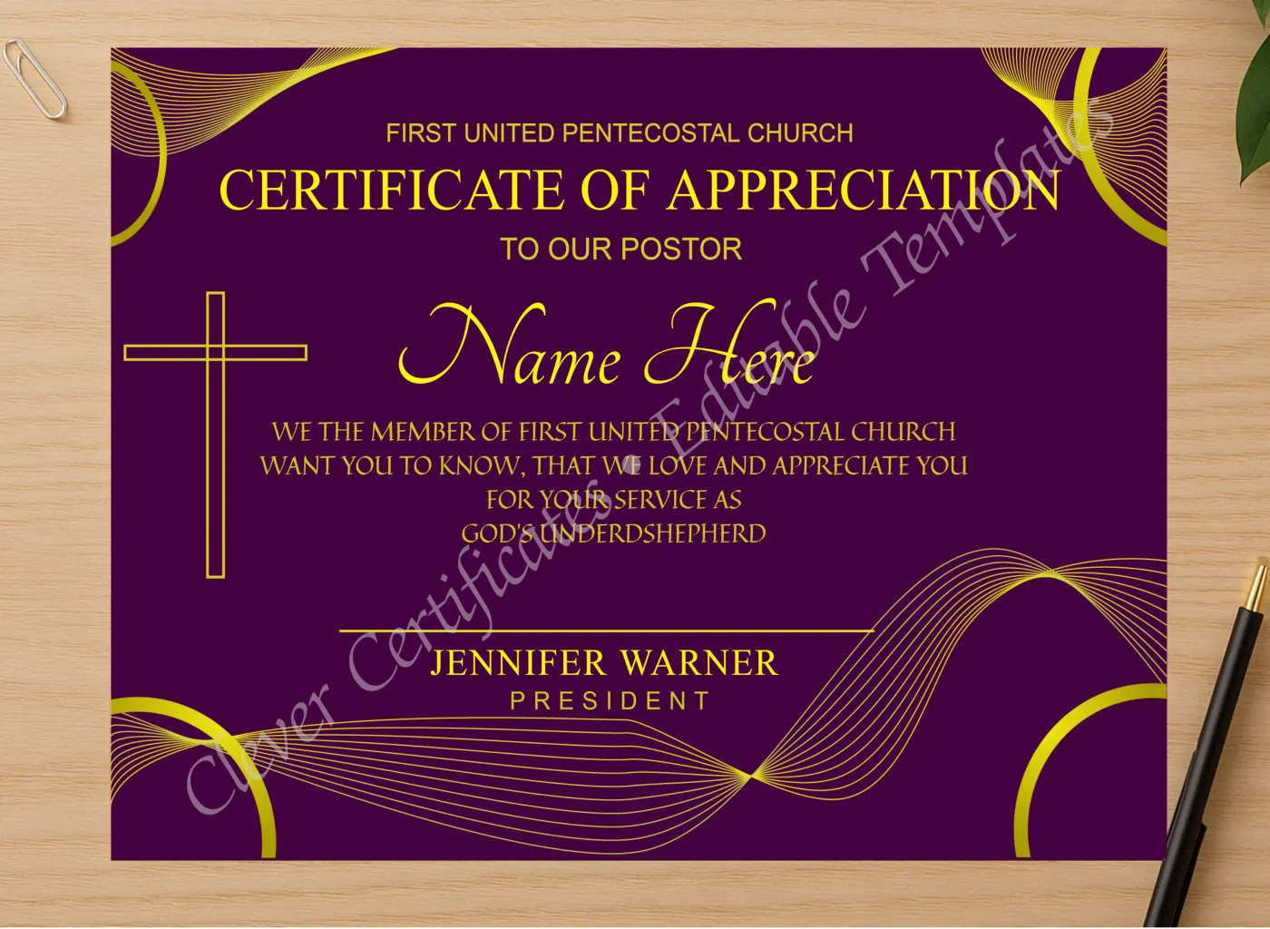 Professional preview of Customizeable Ordination Cetificate certificate on high-quality stationery paper, ideal for showcasing the final look.