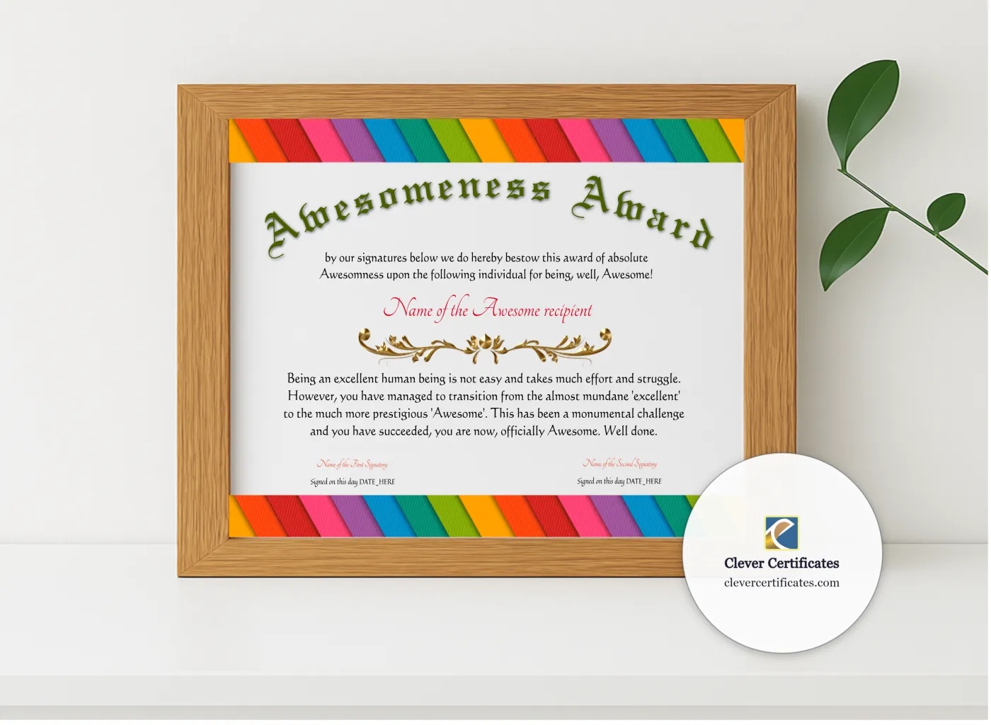 Realistic mockup featuring Awesomeness Award displayed within a modern frame, set against a minimalistic background.