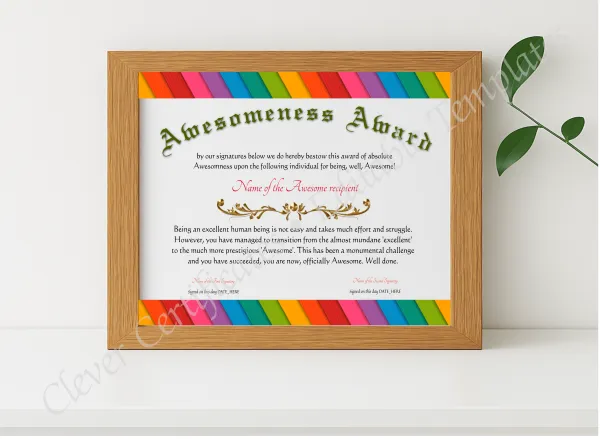 Realistic mockup featuring Awesomeness Award displayed within a modern frame, set against a minimalistic background.