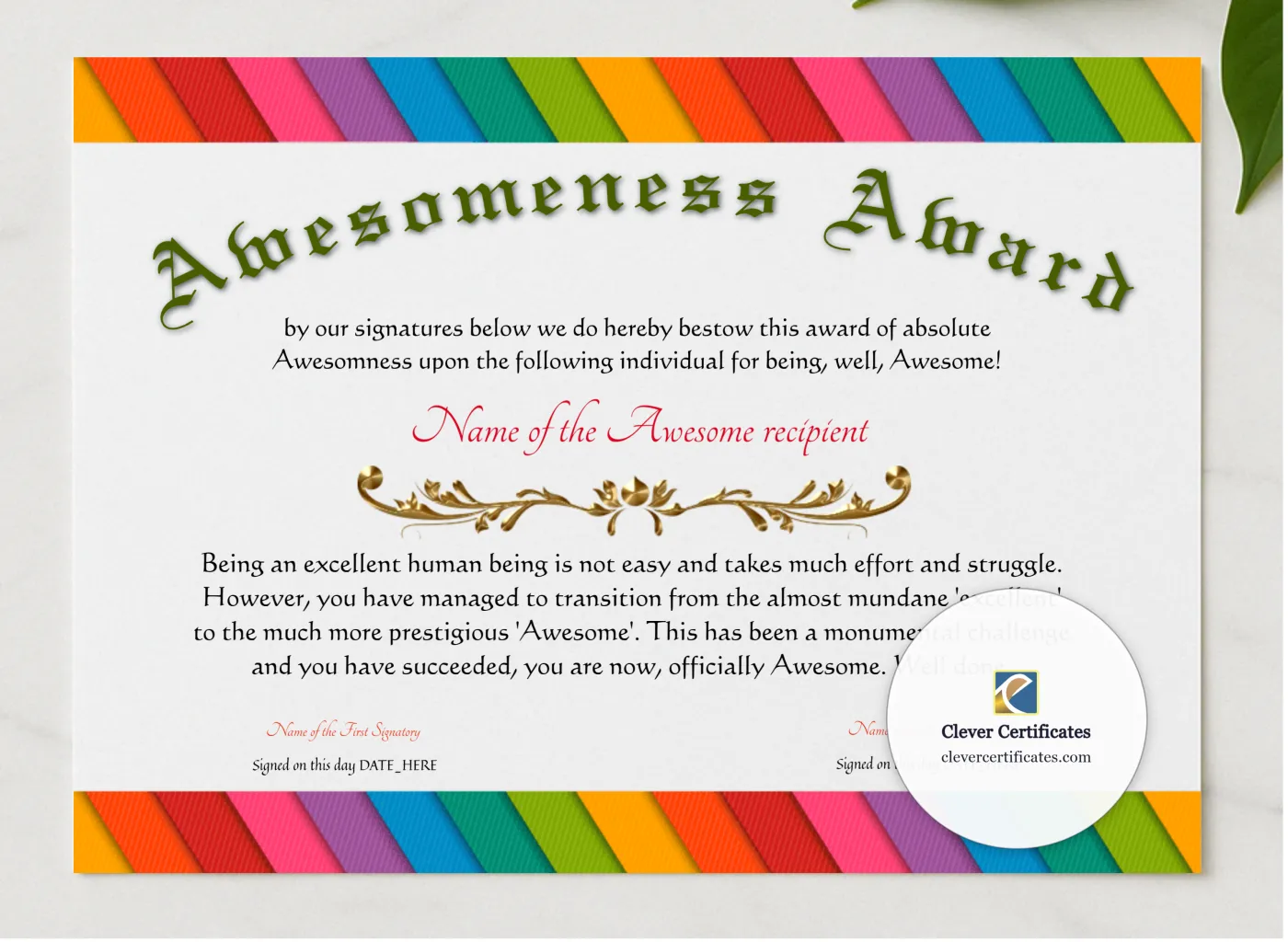 Awesomeness Award presented in a sleek wooden frame, elegantly arranged on a stylish table.