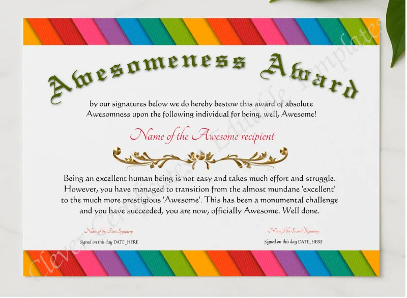 Awesomeness Award presented in a sleek wooden frame, elegantly arranged on a stylish table.