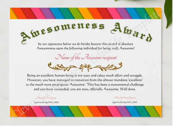 Awesomeness Award presented in a sleek wooden frame, elegantly arranged on a stylish table.
