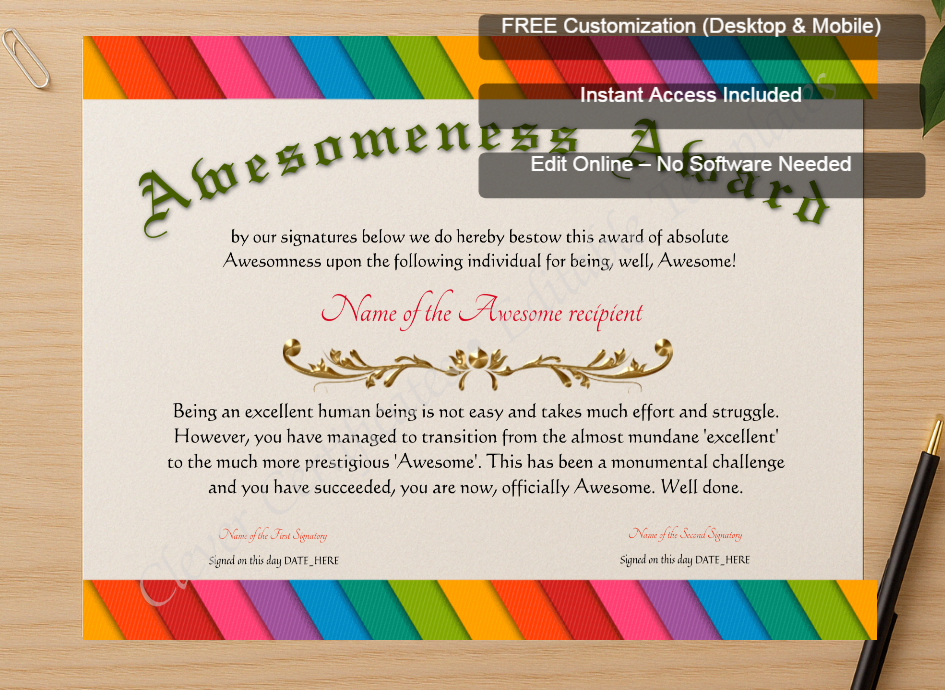Zoomed preview with Free Editor badge stack for Awesomeness Award