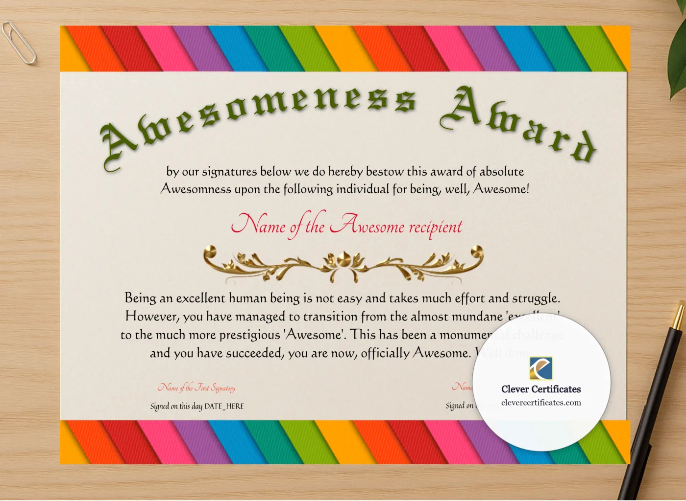 Professional preview of Awesomeness Award certificate on high-quality stationery paper, ideal for showcasing the final look.