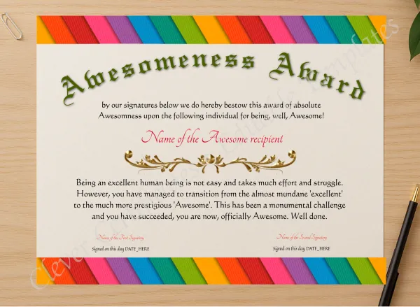 Professional preview of Awesomeness Award certificate on high-quality stationery paper, ideal for showcasing the final look.