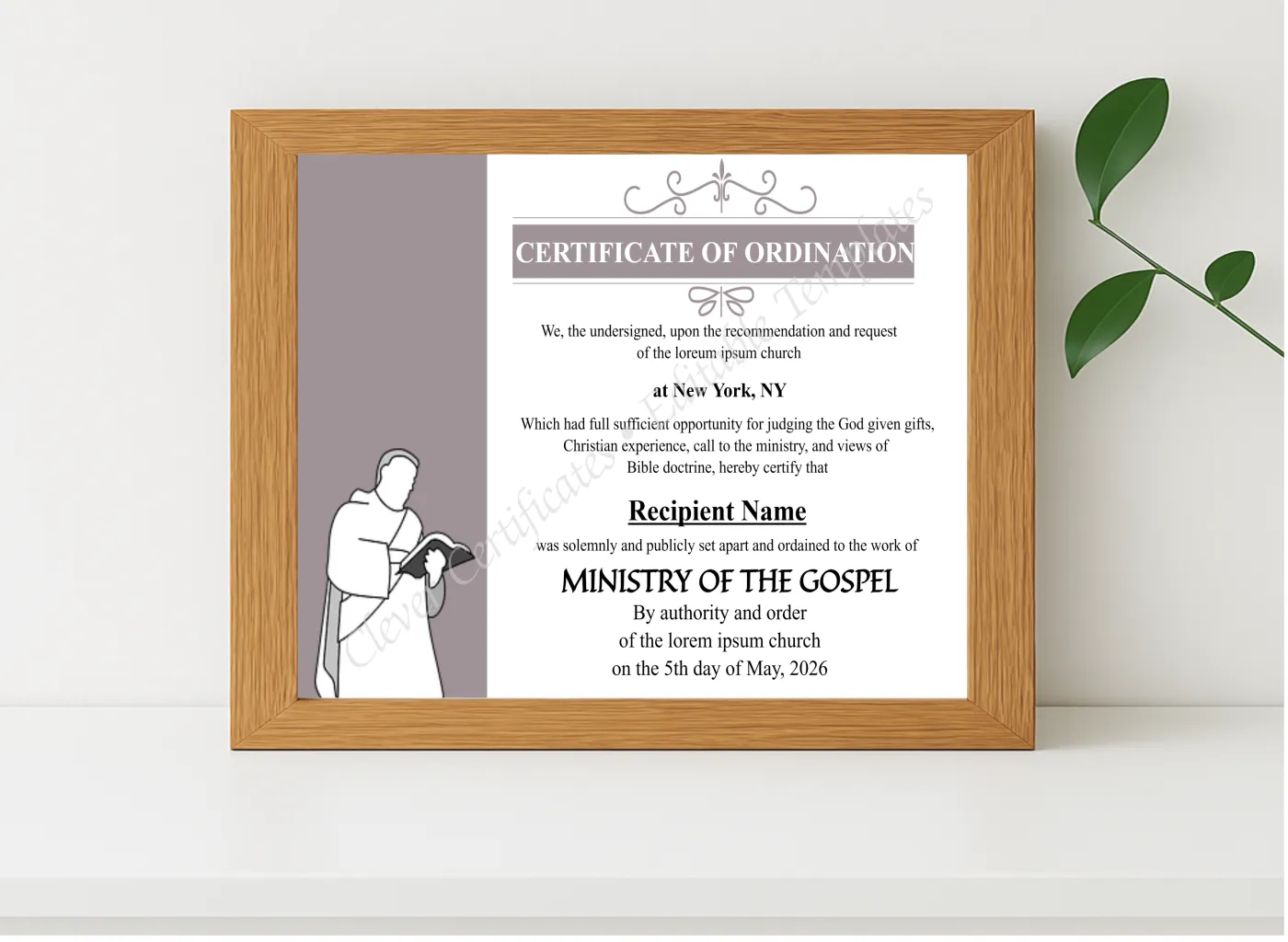 Realistic mockup featuring Downloadable Ordination Certificate displayed within a modern frame, set against a minimalistic background.