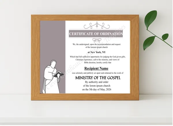 Realistic mockup featuring Downloadable Ordination Certificate displayed within a modern frame, set against a minimalistic background.