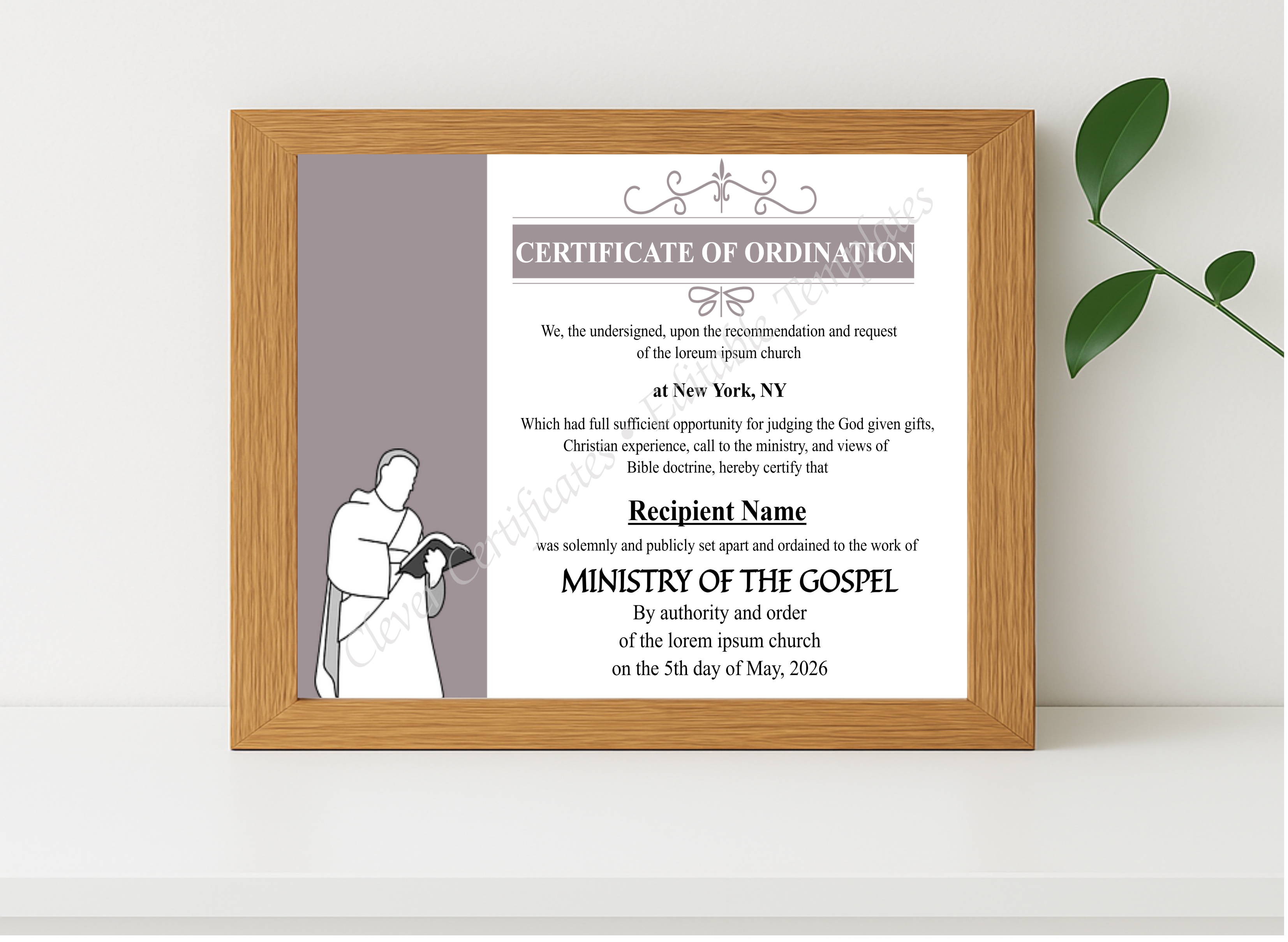 Realistic mockup featuring Downloadable Ordination Certificate displayed within a modern frame, set against a minimalistic background.