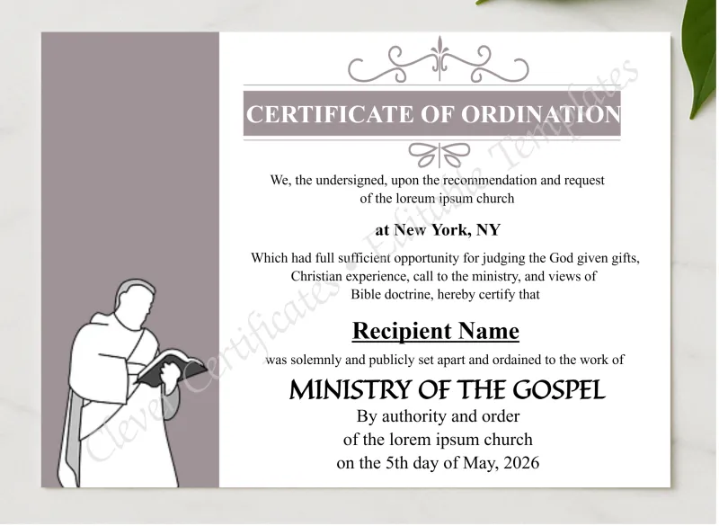 Downloadable Ordination Certificate presented in a sleek wooden frame, elegantly arranged on a stylish table.