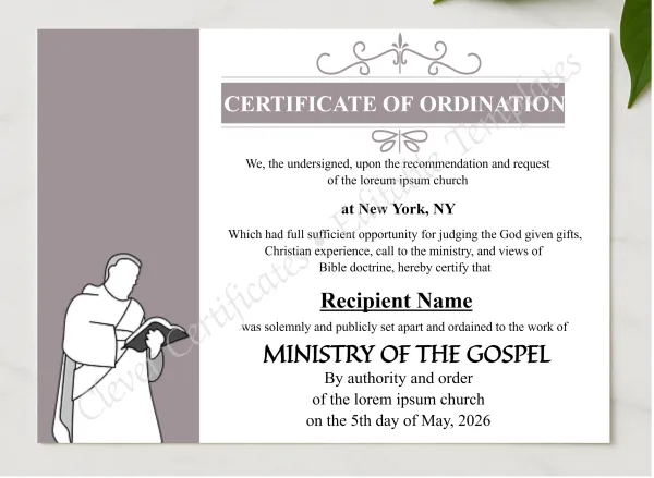 Downloadable Ordination Certificate presented in a sleek wooden frame, elegantly arranged on a stylish table.