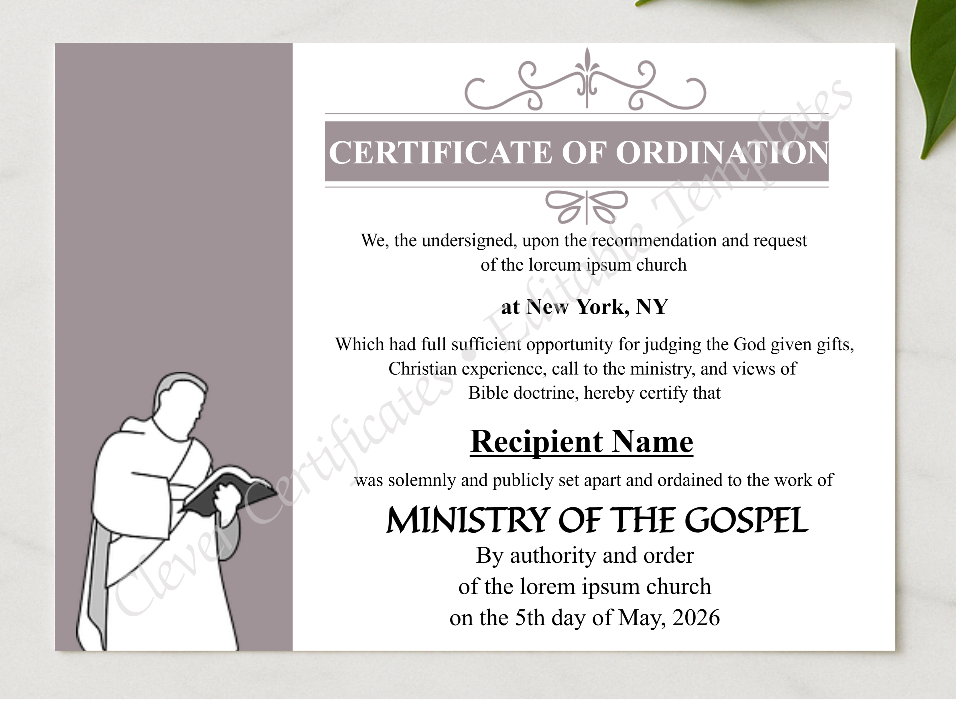 Downloadable Ordination Certificate presented in a sleek wooden frame, elegantly arranged on a stylish table.