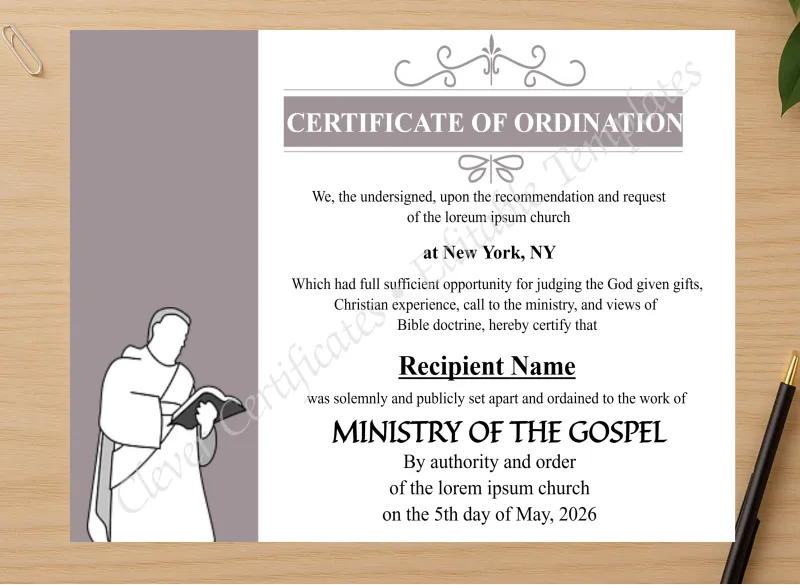 Professional preview of Downloadable Ordination Certificate certificate on high-quality stationery paper, ideal for showcasing the final look.