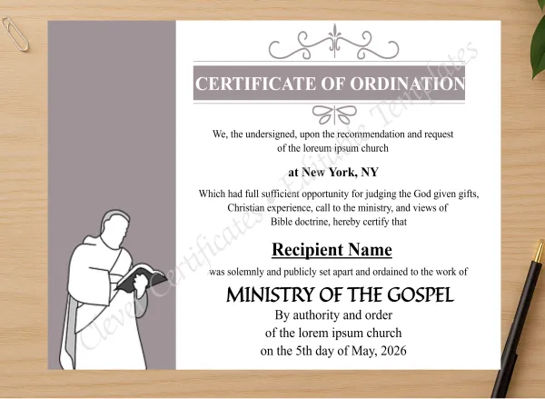 Professional preview of Downloadable Ordination Certificate certificate on high-quality stationery paper, ideal for showcasing the final look.