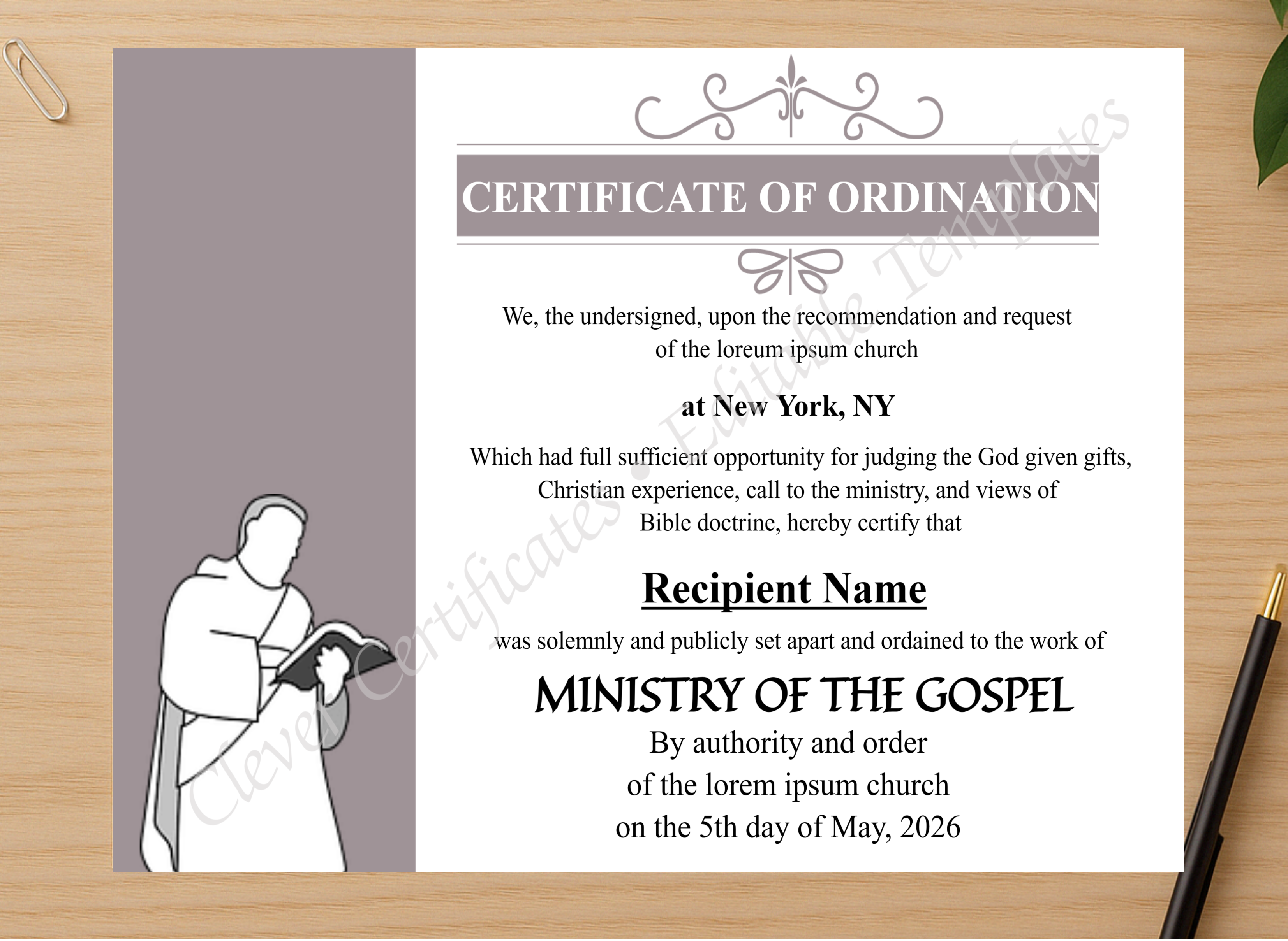Professional preview of Downloadable Ordination Certificate certificate on high-quality stationery paper, ideal for showcasing the final look.