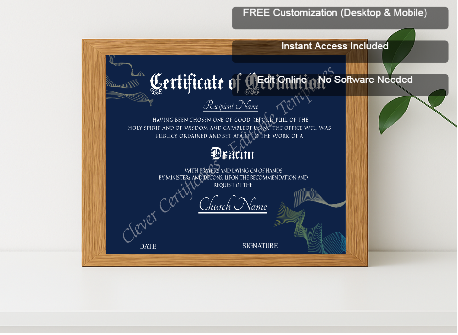 Premium mockup with Free Editor badge stack for Editable Ordination Certificate Design