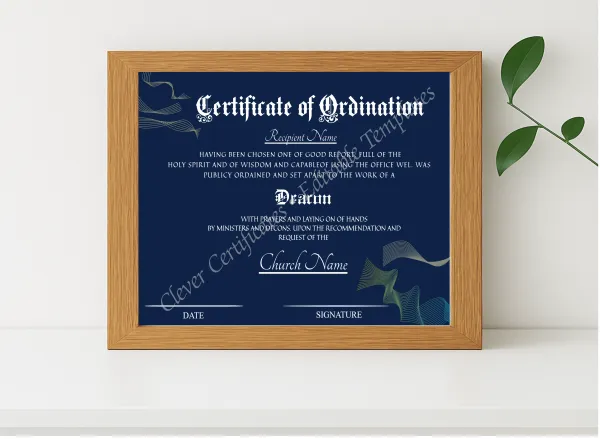 Realistic mockup featuring Editable Ordination Certificate Design displayed within a modern frame, set against a minimalistic background.