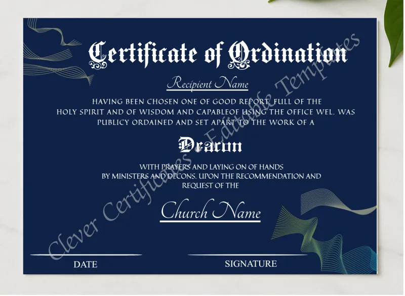 Editable Ordination Certificate Design presented in a sleek wooden frame, elegantly arranged on a stylish table.