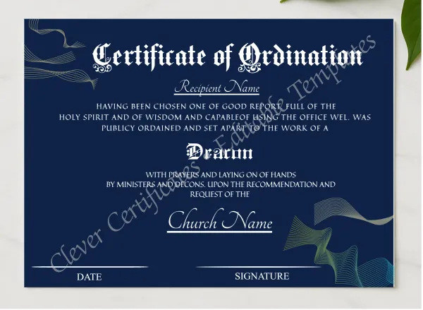 Editable Ordination Certificate Design presented in a sleek wooden frame, elegantly arranged on a stylish table.