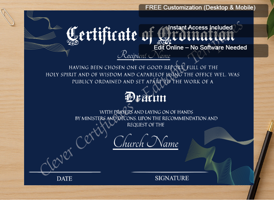 Zoomed preview with Free Editor badge stack for Editable Ordination Certificate Design