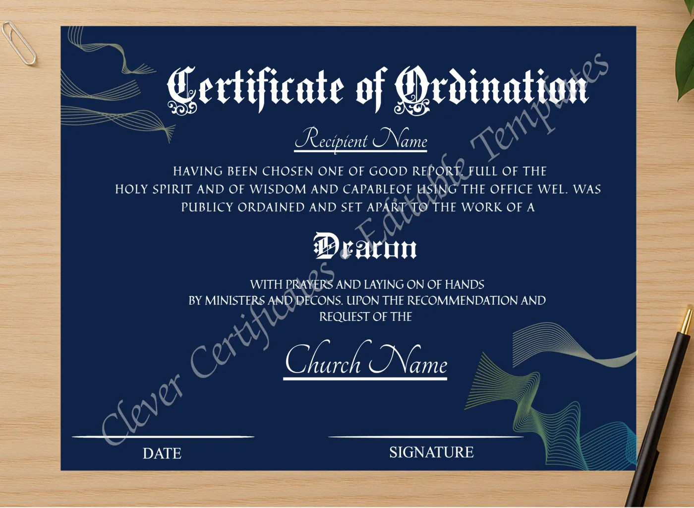 Professional preview of Editable Ordination Certificate Design certificate on high-quality stationery paper, ideal for showcasing the final look.