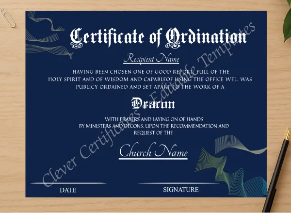 Professional preview of Editable Ordination Certificate Design certificate on high-quality stationery paper, ideal for showcasing the final look.