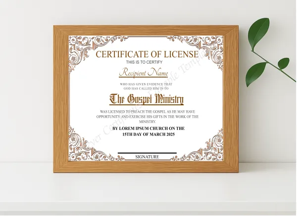 Realistic mockup featuring Editable Certificate of License displayed within a modern frame, set against a minimalistic background.
