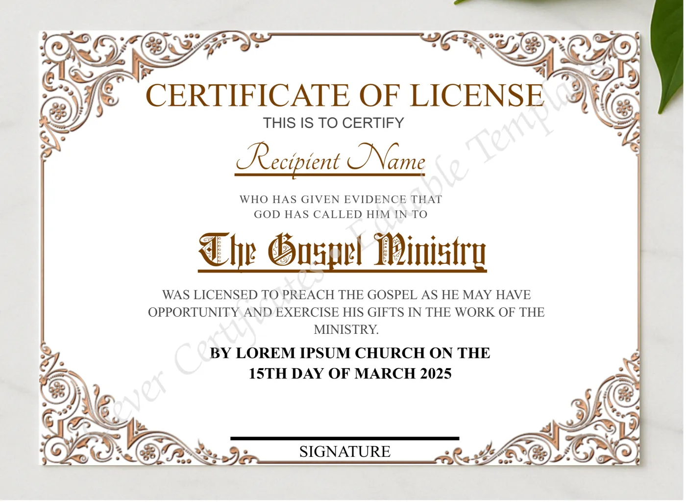 Editable Certificate of License presented in a sleek wooden frame, elegantly arranged on a stylish table.