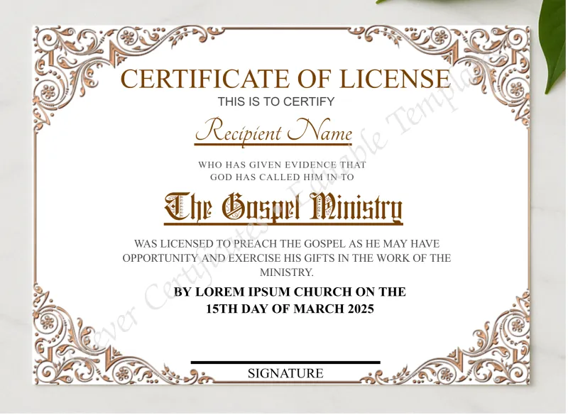 Editable Certificate of License presented in a sleek wooden frame, elegantly arranged on a stylish table.