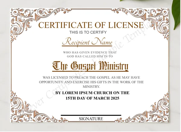 Editable Certificate of License presented in a sleek wooden frame, elegantly arranged on a stylish table.
