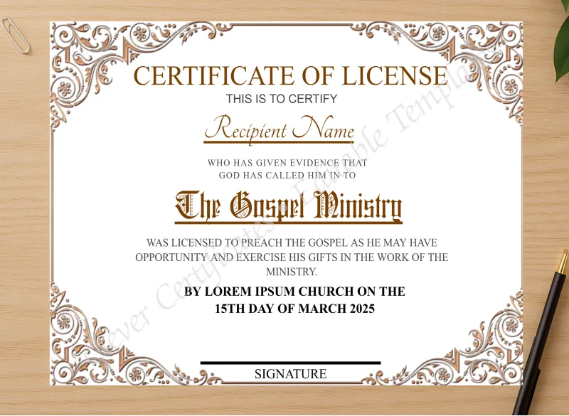 Professional preview of Editable Certificate of License certificate on high-quality stationery paper, ideal for showcasing the final look.