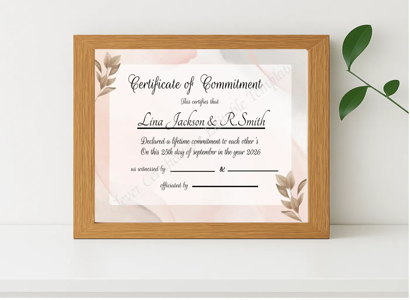 Realistic mockup featuring Printable Commitment Certificate displayed within a modern frame, set against a minimalistic background.