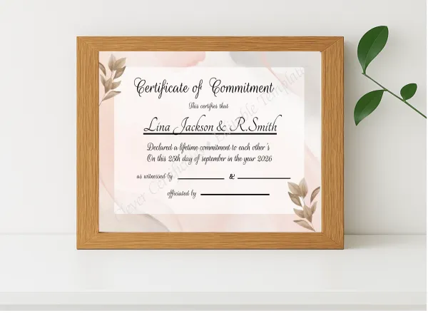 Realistic mockup featuring Printable Commitment Certificate displayed within a modern frame, set against a minimalistic background.