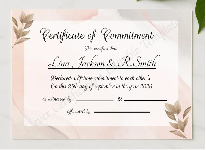 Printable Commitment Certificate presented in a sleek wooden frame, elegantly arranged on a stylish table.