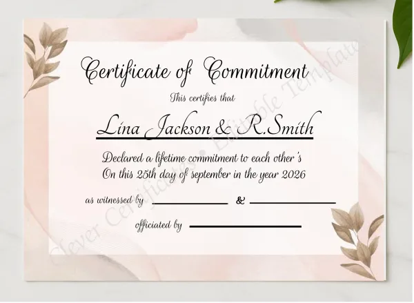 Printable Commitment Certificate presented in a sleek wooden frame, elegantly arranged on a stylish table.